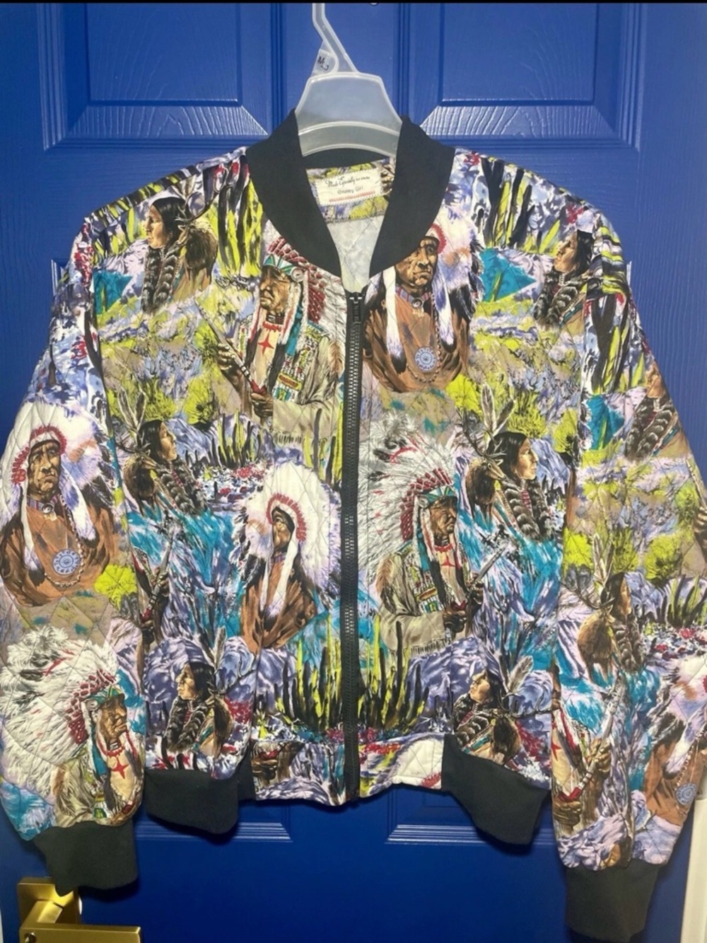 Colorful Native Print Bomber Jacket - Black Trim